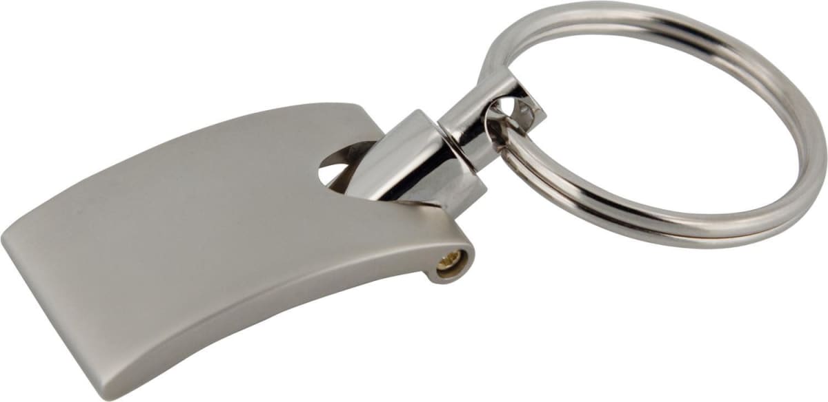 A metallic keychain with a sleek, rectangular fob featuring a small indentation near the top. The fob is connected to a round keyring by a short, smooth connector. The overall design is modern and minimalist.