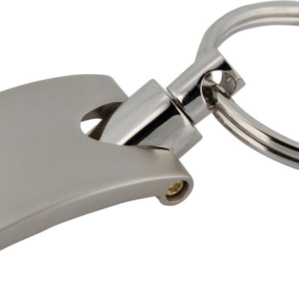 A sleek, metallic keychain with a smooth, rectangular tag and a round keyring. The tag has a modern design with a slightly curved form, attached to the keyring by a small hinge. The metal has a shiny finish.