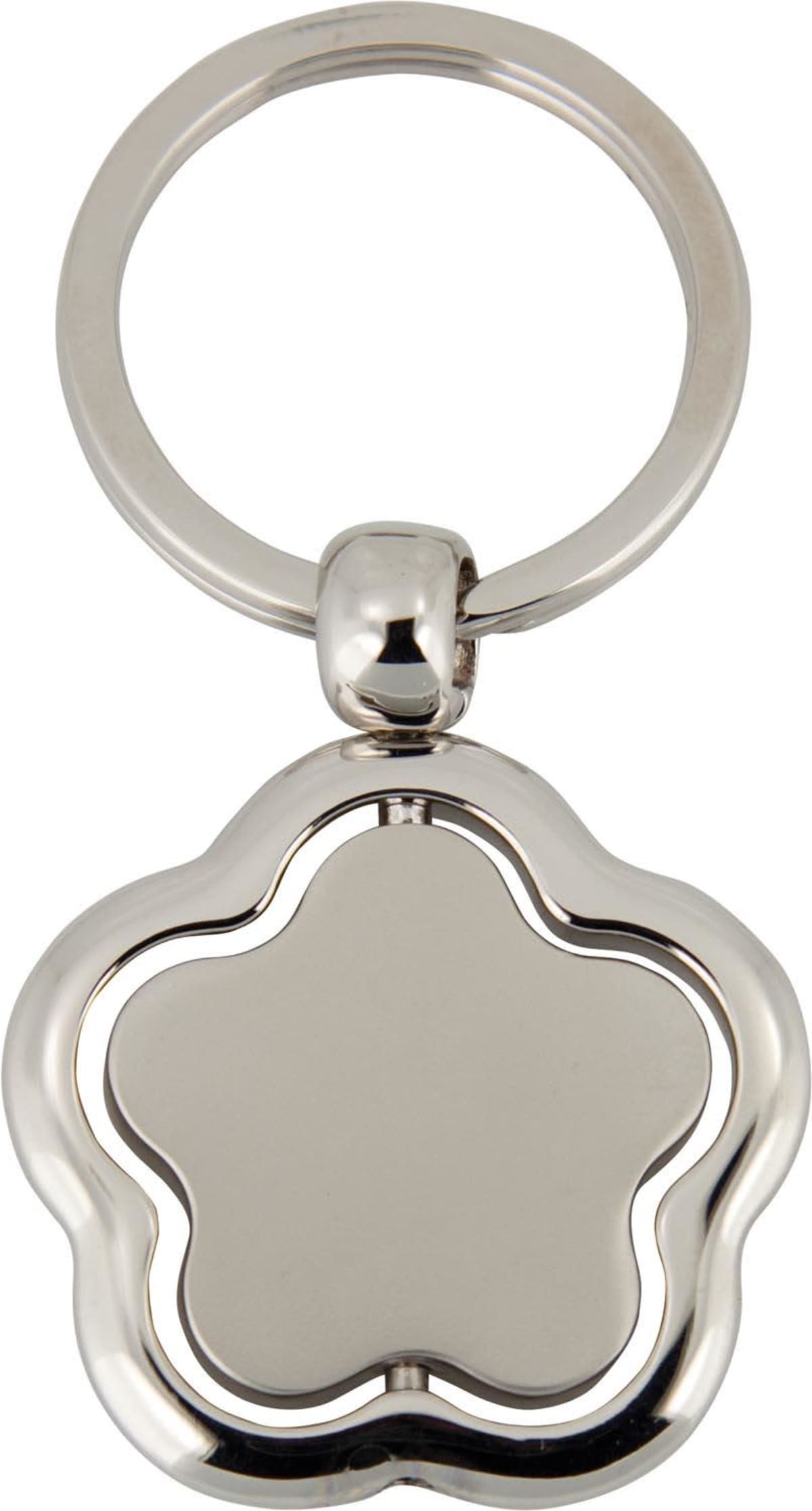 Silver keychain with a flower-shaped pendant, featuring a smooth, polished surface.