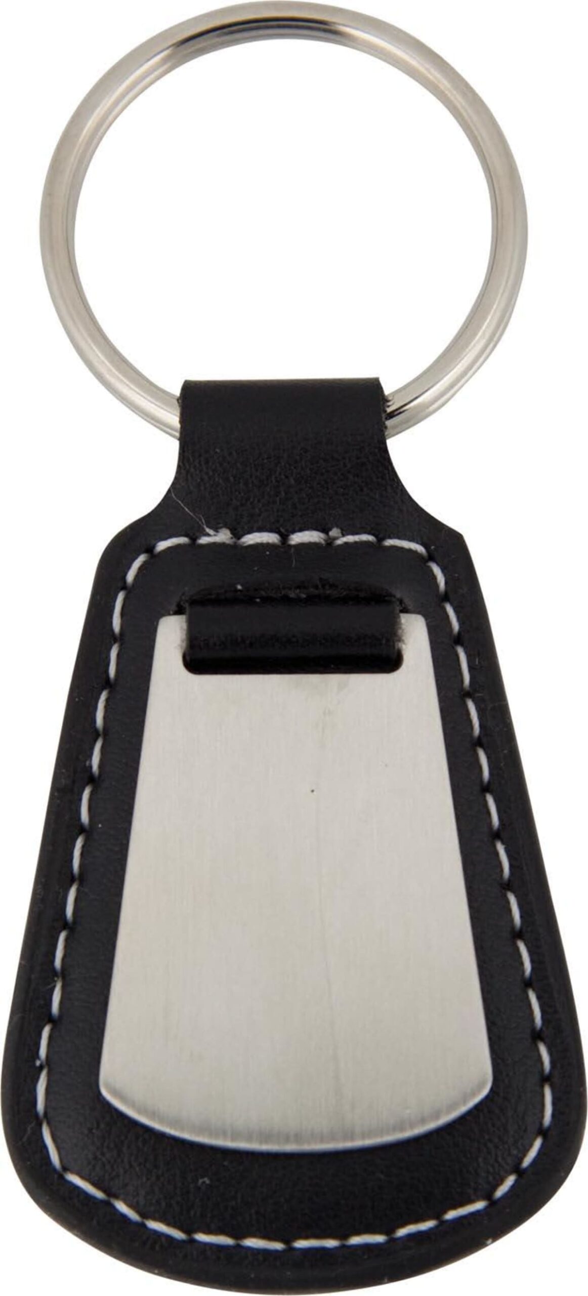 A metal keyring with a teardrop-shaped black leather fob, featuring white stitching around the edge and a brushed silver metal plate in the center.