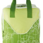 A lime green insulated cooler bag with dark green handles. It features a white geometric pattern on the lower section and a plain upper section. The top is zippered, and there is a side pocket.