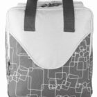 A square-shaped, gray and white insulated lunch bag with a geometric line pattern on the front. It has black handles and a zippered closure on top. The bag is standing upright against a plain white background.