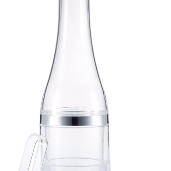 Clear plastic kitchen tool with a tall bottle-like shape, featuring a round base and a narrow neck. It includes a removable lid with slots and a pair of matching tongs. The design is simple and sleek.