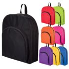 A collection of backpacks in various colors displayed against a white background. The main backpack is black, with additional smaller backpacks in green, red, orange, pink, purple, blue, and yellow. Each has a front zippered pocket and a black handle.