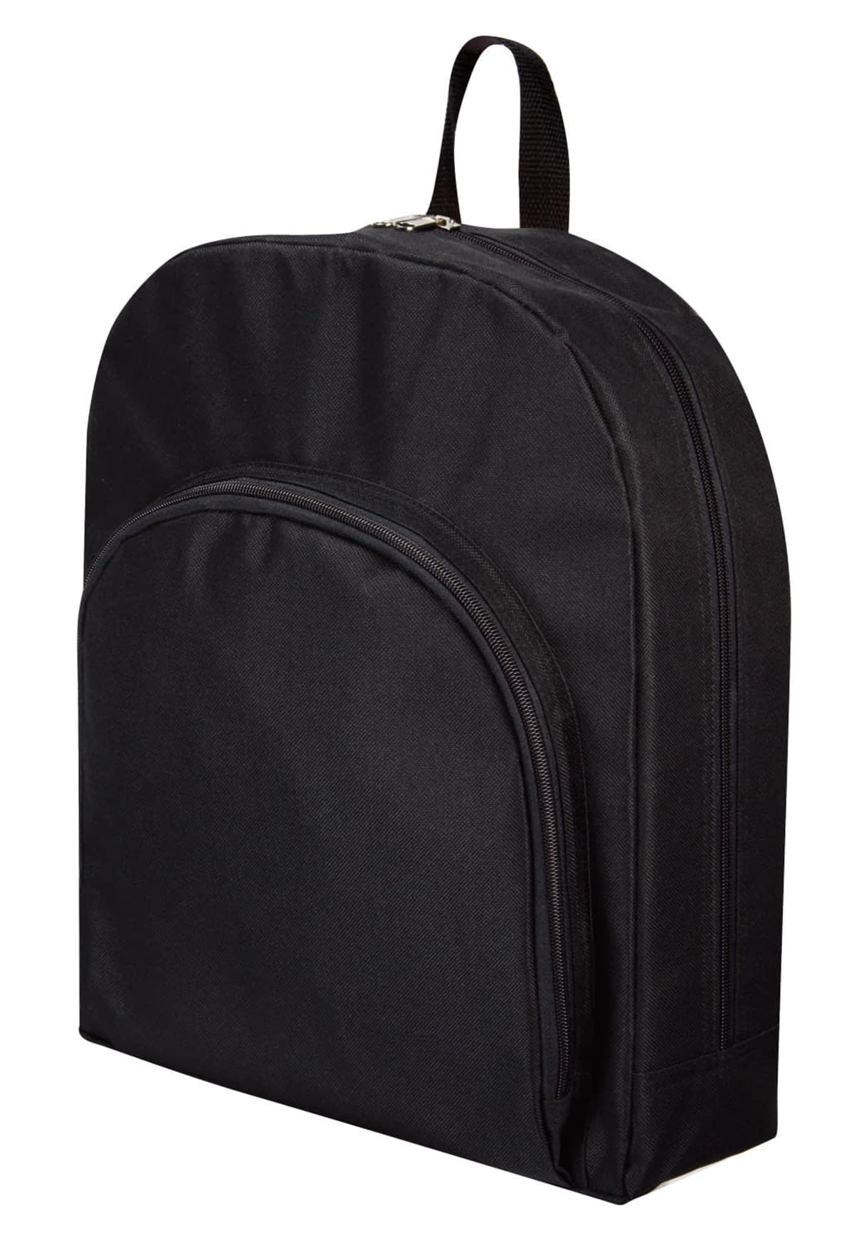 A plain black backpack with a simple design. It has a large main compartment and a smaller, front zippered pocket. The backpack is shown standing upright on a white background.