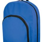 A blue backpack with a large front pocket and black zippers. It has a black carrying handle at the top and a simple, streamlined design.