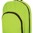A lime green backpack with black zippers and a single black strap at the top. It features a rounded front pocket and a spacious main compartment.