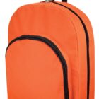 An orange backpack with black zippers. It has one main compartment and a smaller front pocket. The design is simple and unadorned, with a top carrying handle.