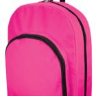 A bright pink backpack with a black top handle and zippers. It has one large compartment and a smaller front pocket. The backpack is standing upright against a plain white background.