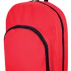 A bright red backpack with a black zipper on the main compartment and a smaller front pocket. It has a black carry loop at the top and a simple, sleek design.