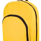 A bright yellow backpack with a large main compartment and a smaller front pocket, both featuring black zippers. The bag has a black handle at the top. The design is simple and functional.