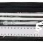 A black mesh pouch with a zipper, containing two white pencils, a clear sharpener, a white eraser, a mechanical pencil, and a white ruler with black markings.