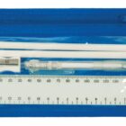 A clear pencil case with a blue border contains two white pencils, a white eraser, a pencil sharpener, a white pen, and a white ruler with black markings. The case has a zipper closure.