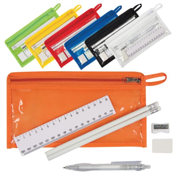 A collection of transparent zippered pouches in various colors, each containing a ruler, pencils, a pencil sharpener, and an eraser. The orange pouch and its contents are displayed separately in front.