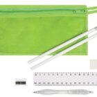 A green pencil case with a zipper, two white pencils, a white eraser, a clear pen, a small pencil sharpener, and a transparent ruler marked with centimeters and inches on a white background.