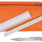 An orange zippered pencil case with a transparent front, containing a white ruler, two white pencils, a white eraser, and a metal pencil sharpener. A clear-bodied pen is placed below the case.