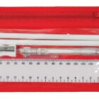 A transparent zippered pouch with a red border containing two white pencils, a white eraser, a pencil sharpener, a white and clear mechanical pencil, and a white ruler marked up to 15 centimeters.