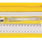 A clear pencil case with a yellow border and zipper, containing two white pencils, a white pen, a pencil sharpener, an eraser, and a white ruler marked with centimeter measurements.