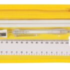 A yellow zippered pencil case with a clear front, containing two white pencils, a white pen, a white ruler with black markings, a white eraser, and a silver pencil sharpener.