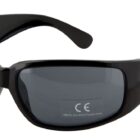 Black wraparound sunglasses with dark lenses. The interior of the left arm is marked with CE and 100% UV 400 Protection. The outer left arm displays a logo, partially visible, consisting of ING and a graphic element.