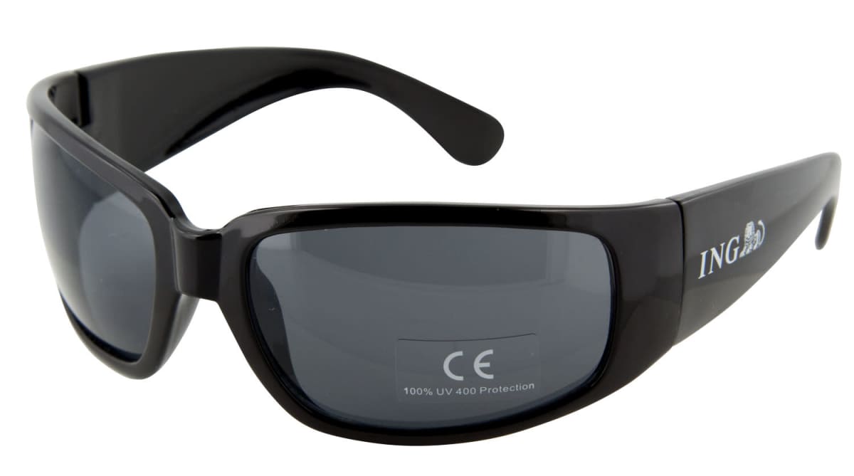 Black wraparound sunglasses with dark lenses. The interior of the left arm is marked with CE and 100% UV 400 Protection. The outer left arm displays a logo, partially visible, consisting of ING and a graphic element.