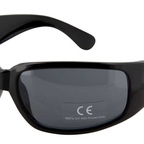 Black sunglasses with a glossy finish featuring rectangular lenses. The left temple displays the text ING and a logo. The lens label indicates CE and 100% UV 400 Protection.