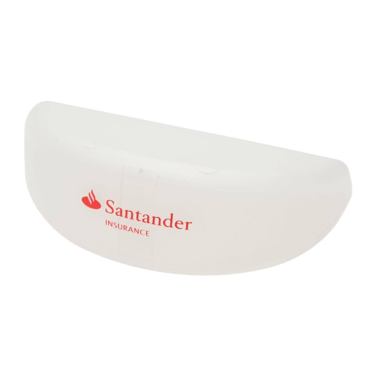 A white half-moon-shaped object with the Santander Insurance logo on it. The logo consists of red text and a flame-like symbol.