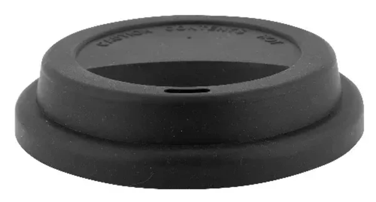 Black silicone coffee cup lid with a small oval sipping hole in the center and a round seal edge.