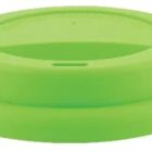 A bright green, reusable silicone cup lid with a small drinking hole near the edge. The lid has a slightly raised outer rim and a smooth, matte finish.