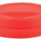 Red silicone lid with a circular shape and small slit for straw, designed for covering drink containers or cups.
