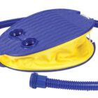 A blue and yellow foot pump with a ridged surface and two hoses attached, designed for inflating items. The pump has a flat, oval shape and is shown on a plain white background.