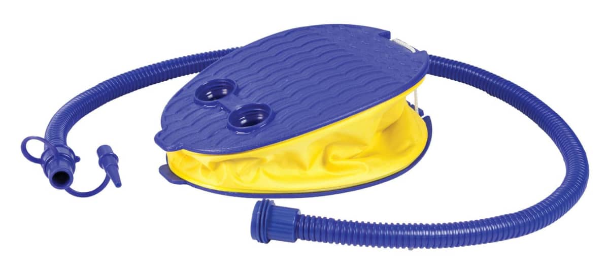 A blue and yellow foot pump with a ridged surface and two hoses attached, designed for inflating items. The pump has a flat, oval shape and is shown on a plain white background.