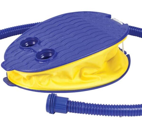 A blue and yellow foot pump with a flexible hose and dual nozzles. The pump is designed for inflating items like air mattresses or pool toys. The main body is rounded and slightly flattened, with one end for stepping and the other connected to the hose.