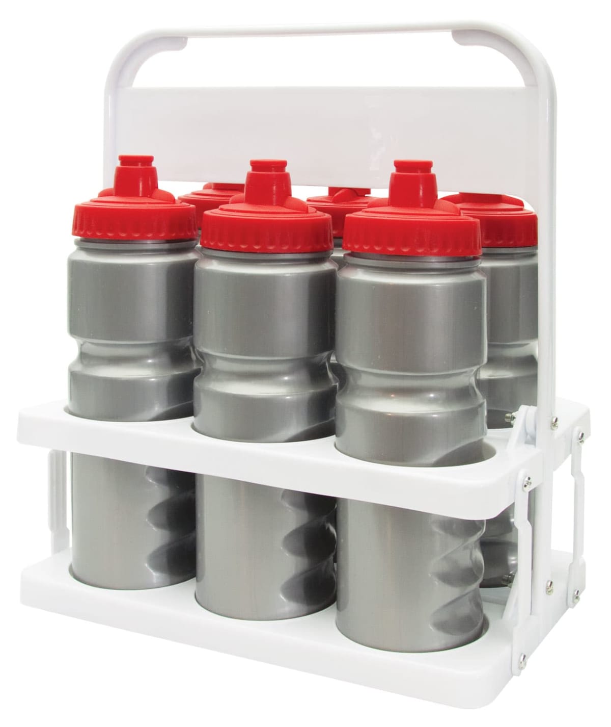 A white plastic carrier holds eight silver sports bottles with red caps. The carrier has a rectangular handle at the top for easy transport. The bottles are arranged in two rows of four.