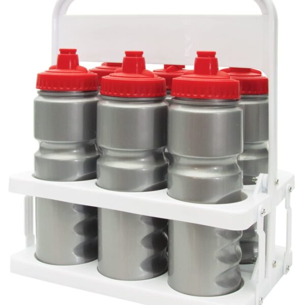 A white plastic bottle carrier holds six gray water bottles with red caps. The bottles are arranged in two rows, and the carrier has a sturdy handle for easy transport.