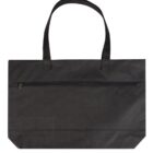 A black tote bag with two handles and a zippered pocket on the front. The bag has a rectangular shape and a flat bottom, suitable for carrying various items.
