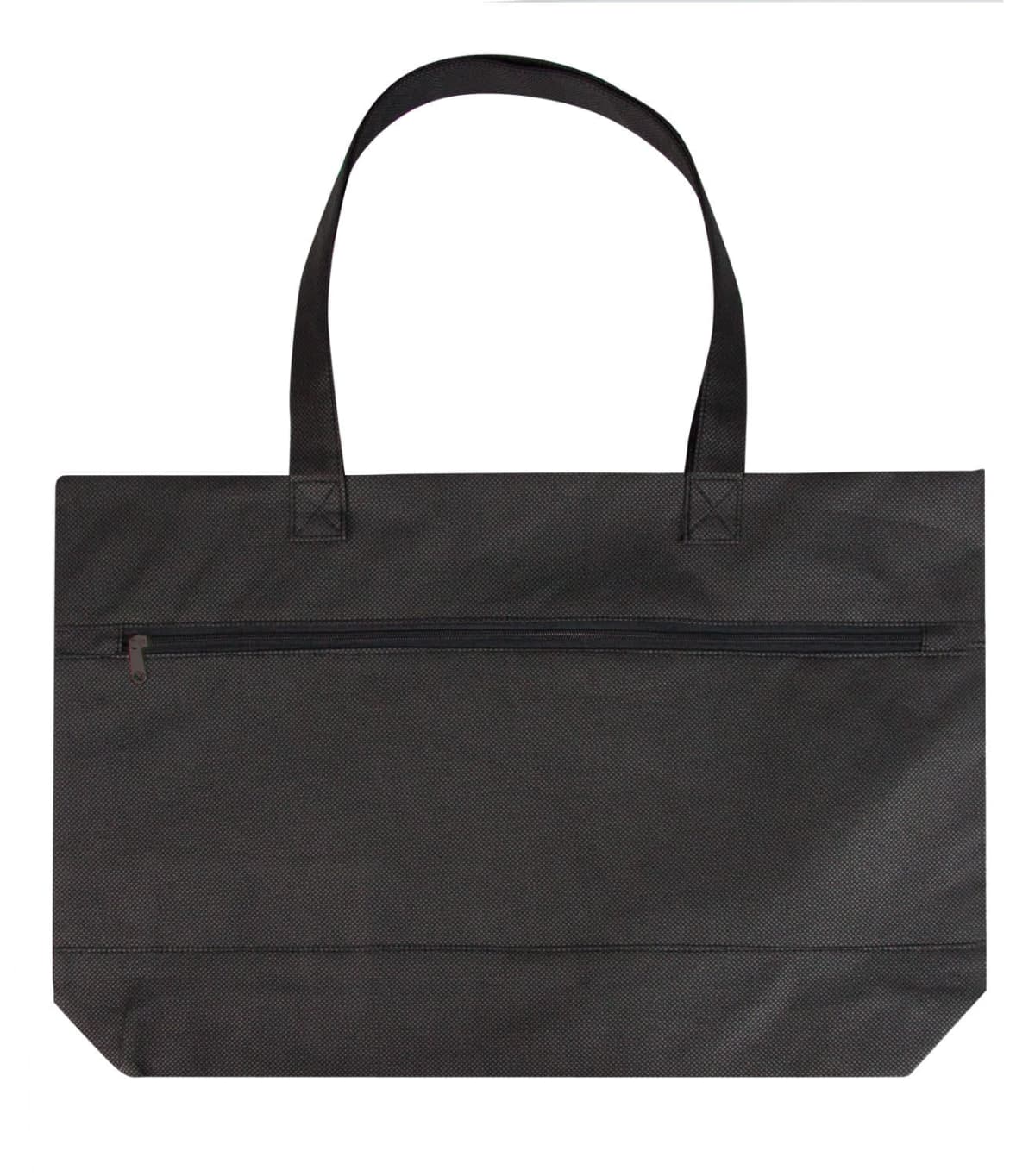 A black tote bag with two handles and a zippered pocket on the front. The bag has a rectangular shape and a flat bottom, suitable for carrying various items.