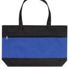 A black and blue tote bag with a zippered front pocket. The bag has two black handles and a flat bottom. The top and bottom sections are black, while the middle section with the zipper is blue.