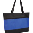 A blue and black tote bag with a black handle and a front zippered pocket. The bag features a wide strip of blue across the middle, with the rest in black. The material appears to be a sturdy fabric.