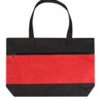 A red and black tote bag with short black handles. The bag features a prominent red front section with a black horizontal zipper pocket, while the top and bottom parts are black. The design is simple and functional.