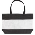 Black tote bag with two handles and a white midsection. It features a zippered compartment along the top edge. The bag has a flat bottom for stability.
