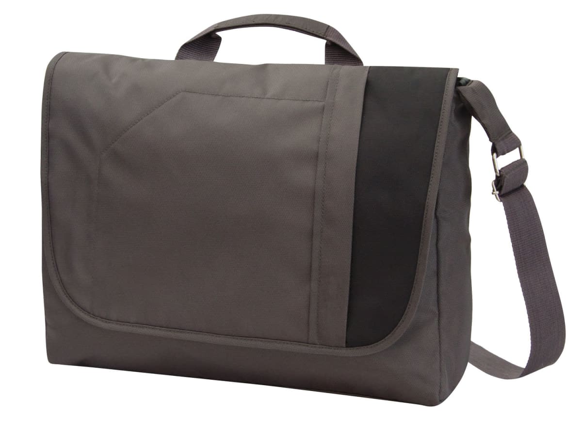 A gray messenger bag with a black accent on the top right. It features a handle on top and an adjustable shoulder strap. The front flap has a pocket. The fabric has a matte texture.