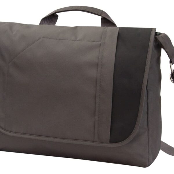 A gray messenger bag with a flap closure, featuring a black accent panel on the right side. It has an adjustable shoulder strap and a short handle on top. The bag appears to be made of a durable fabric material.