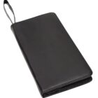 Black leather zippered wallet with a wrist strap, displayed on a white background.