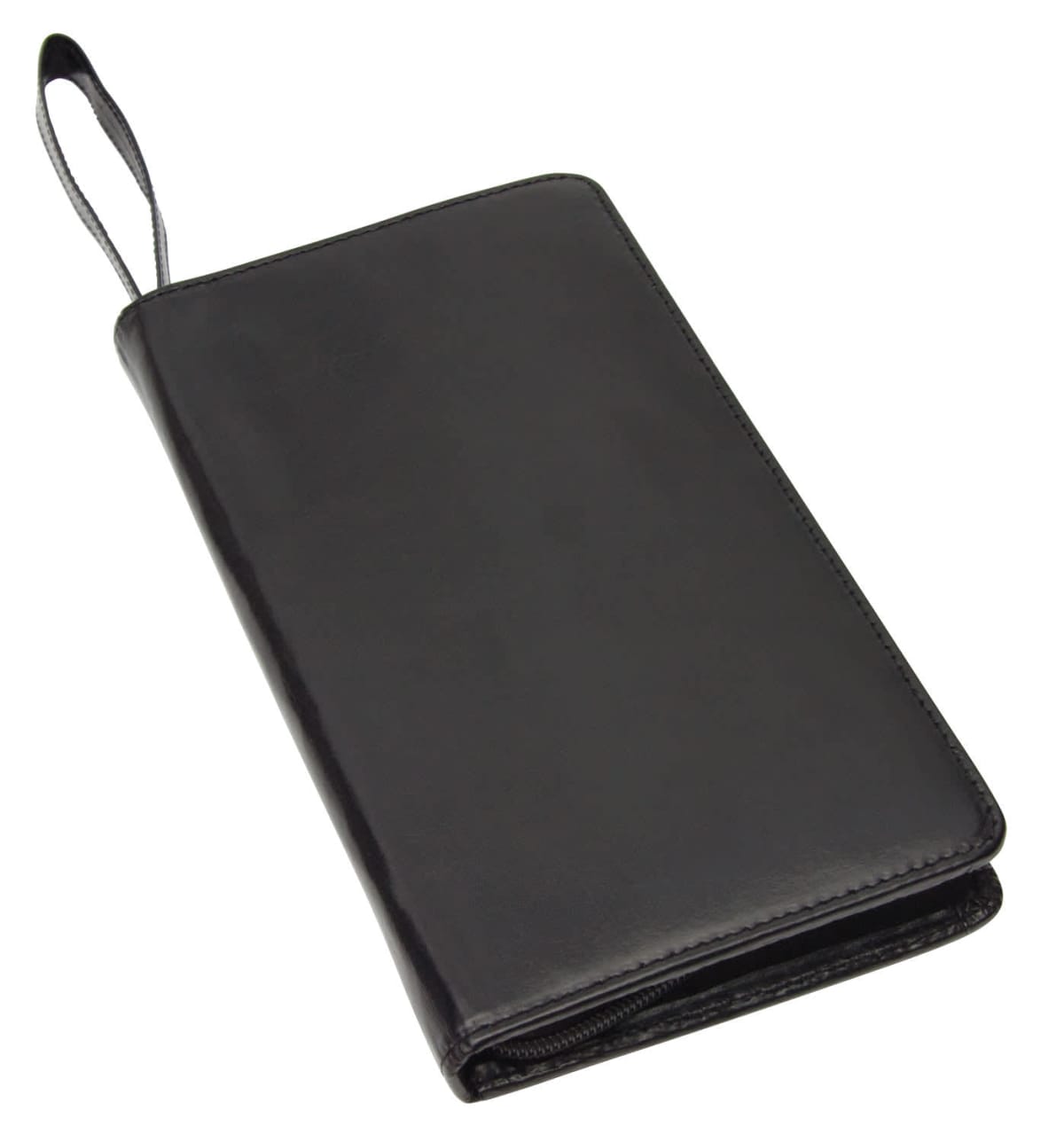 Black leather zippered wallet with a wrist strap, displayed on a white background.