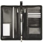 An open black leather organizer showing compartments for cards, two zipper pockets, a silver pen, and slots for documents. The interior is neatly arranged, displaying its functionality for organizing belongings.