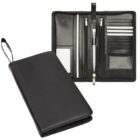 A black leather zippered organizer is shown, both closed and open. Inside, it features card slots, a pen holder with a pen, document pockets, and a strap for easy carrying.