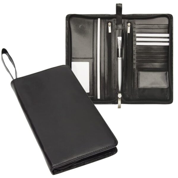 A black leather zippered organizer is shown, both closed and open. Inside, it features card slots, a pen holder with a pen, document pockets, and a strap for easy carrying.
