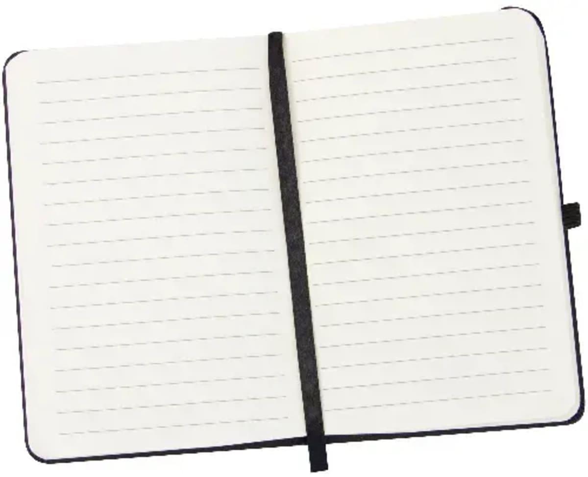 An open lined notebook with a black elastic band vertically placed in the center, lying flat. The pages are blank, featuring ruled lines and thin black borders.