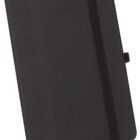 A closed black notebook with a textured cover is shown. It has an elastic strap wrapped around its length and a small pen holder attached to the side. A ribbon bookmark peeks out from the bottom.
